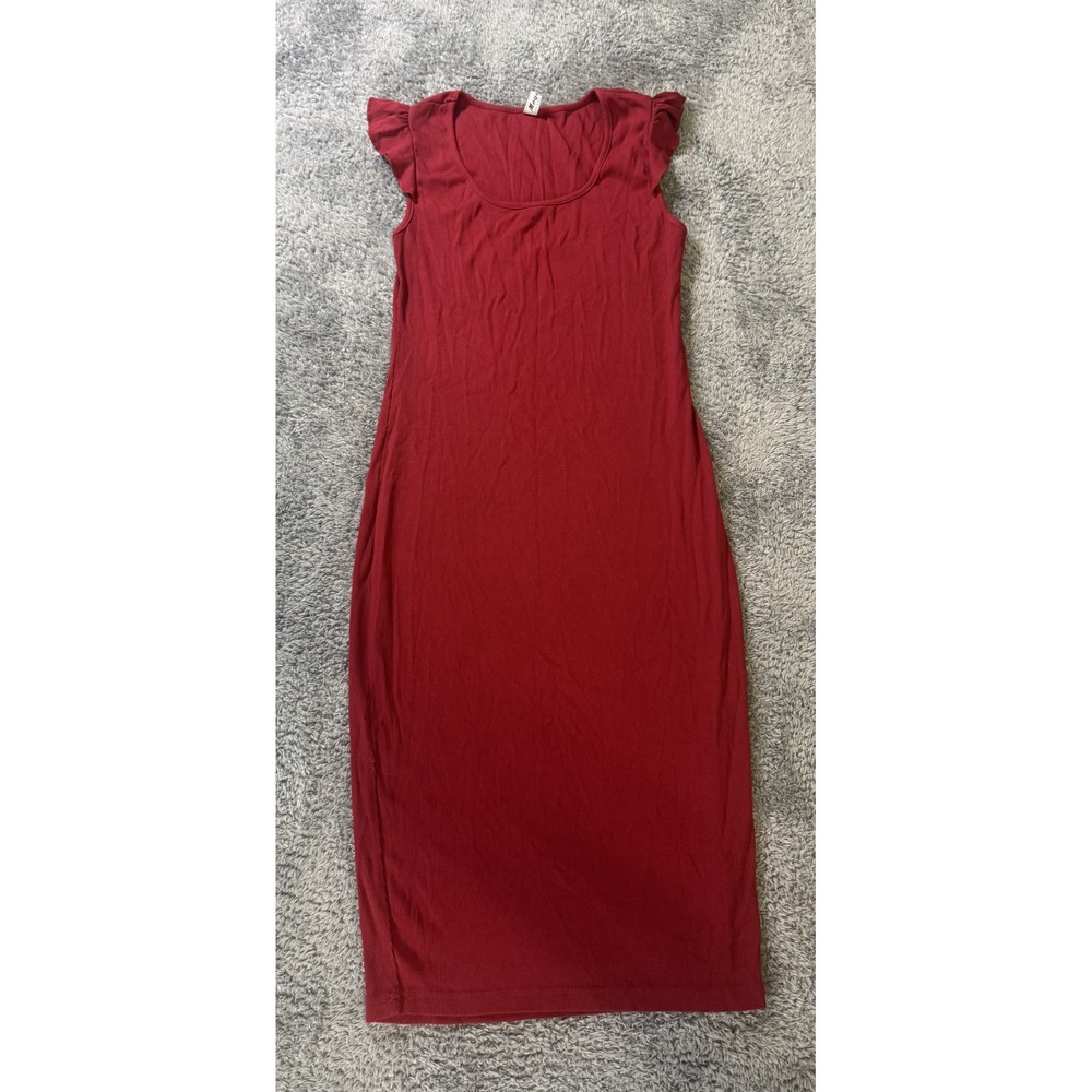 Moya Womens Ribbed Ruffle Sleeve Midi Dress Medium Red Stretch Knit